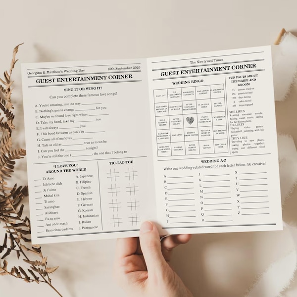 Folded Printable Wedding Table Games, Editable Program & Wedding Reception Activities, Find The Guest Bingo, Word Search, Ice Breaker Games