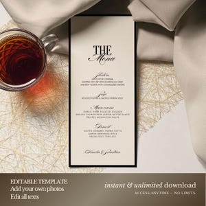 K&ouml;nnte beinhalten: Eine vertikale Men&uuml;karte mit schwarzem Rand, die eine elegante Schrift und eine Liste von Gerichten zeigt. Das Men&uuml; umfasst Vorspeisen, Suppe, Hauptgang und Dessert-Optionen. Ein Glas Tee befindet sich oben links. Der Text "The Menu" steht oben.