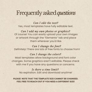 May include: A beige-colored graphic with the title "Frequently asked questions" in a dark brown serif font. The text answers questions about editing text, adding photos, changing fonts and colors, and time limits for templates.