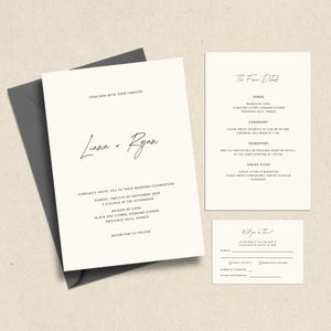 Conjunto de invitaciones minimalistas modernas, detalles elegantes y tarjetas RSVP. Plantilla de invitación de boda íntima, limpia, sencilla y editable. Imprimible.
