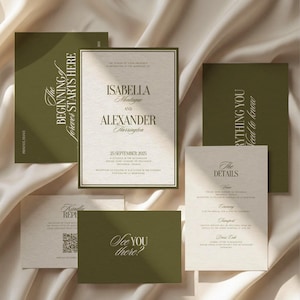 May include: A collection of wedding stationery in olive green and cream. The central invitation card displays the names Isabella Montague and Alexander Harrington, with the date 25 September 2025. Other cards feature text such as "The Beginning Forever Starts Here".