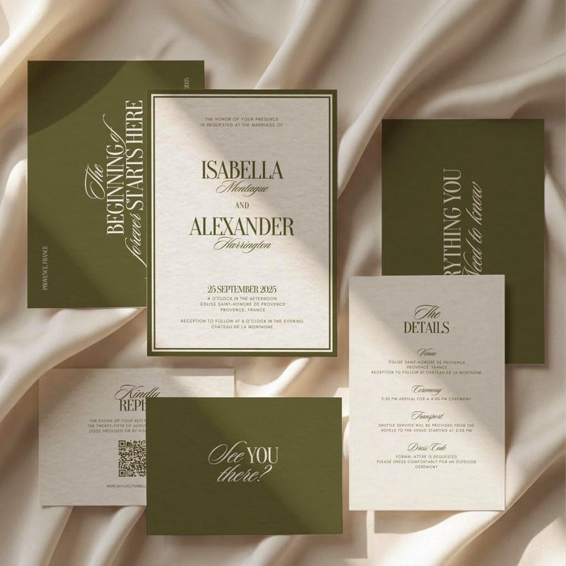 May include: A wedding stationery set featuring olive green and cream-colored cards with elegant serif typography. The main invitation displays the names Isabella Montague and Alexander Harrington, the date 25 September 2025, and venue details.