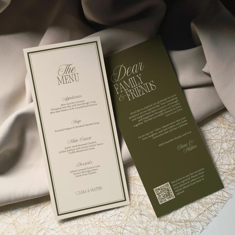 May include: Two wedding menu cards. One is cream-colored with a green border and features the menu. The other is olive green with white text, reading "Dear Family & Friends" and a QR code.