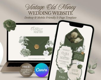 Forest Green Vintage Wedding Website Template, Old Money Digital Invitation (Canva Download)