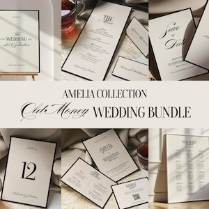 Op de afbeelding: Een assortiment elegante trouwbriefpapier met zwarte randen en een minimalistisch ontwerp. Inclusief een welkomstbord, menukaarten, save-the-date kaarten, tafelnummer en plattegrond. De tekst "Amelia Collection Old Money Wedding Bundle" is zichtbaar.