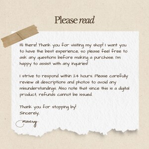 May include: A handwritten note on textured paper with the words "Please read" at the top. The note includes a message about customer service, product descriptions, and digital product refunds. A piece of tape is affixed to the top left.
