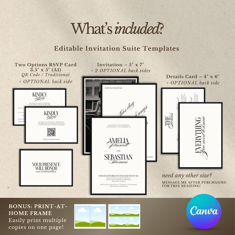 May include: A collection of editable invitation suite templates, including RSVP cards, invitations, and details cards. The designs feature elegant typography and are available in various sizes, such as 3.5" x 5" and 4" x 6". The image also includes a Canva logo.