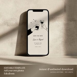 K&ouml;nnte beinhalten: Ein Smartphone zeigt ein minimalistisches Hochzeitskarten-Design. Die Einladung zeigt eine Strichzeichnung von zwei H&auml;nden, die mit Getr&auml;nken ansto&szlig;en, zusammen mit dem Text "SAVE THE DATE" und den Namen "Liana & Rafael". Datum und Ort sind ebenfalls angegeben.