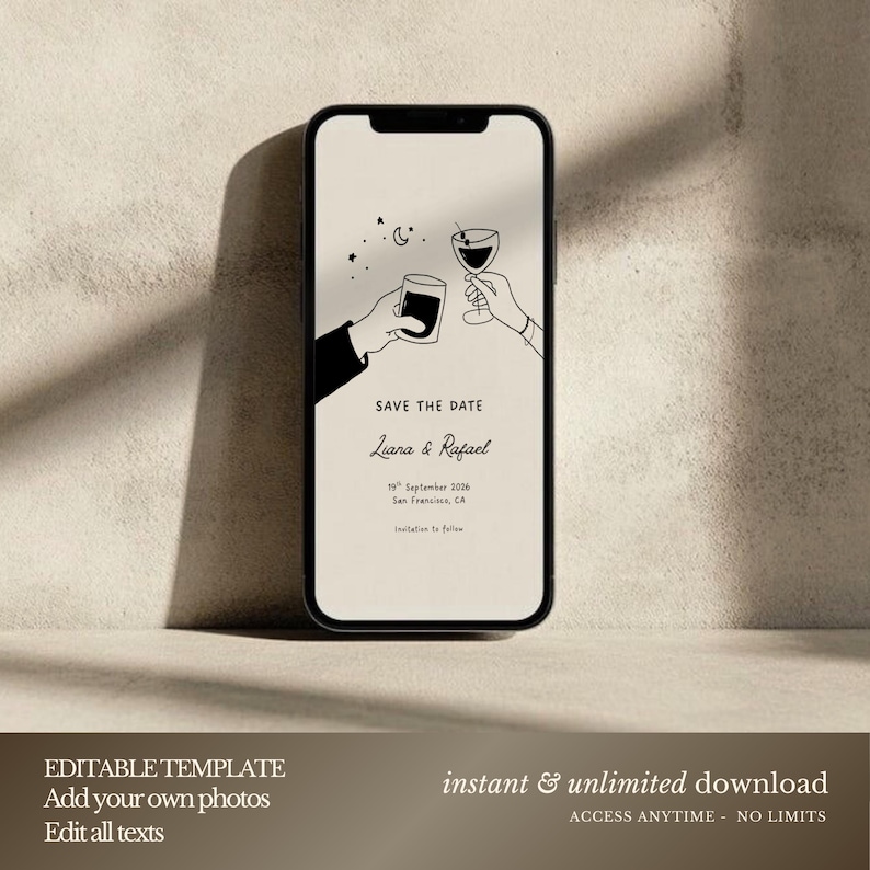 K&ouml;nnte beinhalten: Ein Smartphone zeigt ein minimalistisches Hochzeitskarten-Design. Die Einladung zeigt eine Strichzeichnung von zwei H&auml;nden, die mit Getr&auml;nken ansto&szlig;en, zusammen mit dem Text "SAVE THE DATE" und den Namen "Liana & Rafael". Datum und Ort sind ebenfalls angegeben.