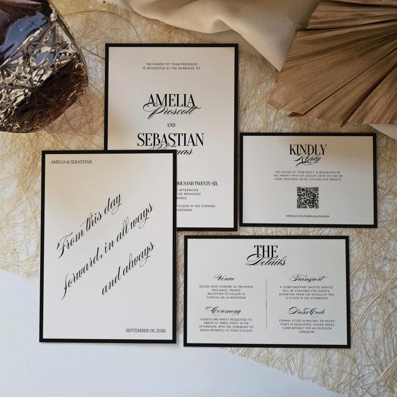 May include: A collection of wedding invitation cards with black borders. The cards feature elegant calligraphy with the names "Amelia Prescott" and "Sebastian" and the text "From this day forward, in all ways and always."