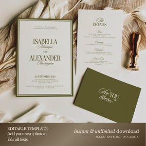 May include: A wedding invitation suite featuring a main card with olive green borders and text for Isabella Montague and Alexander Harrington, a details card, and a small olive green card with the text See you there, plus a gold wax seal stamp.