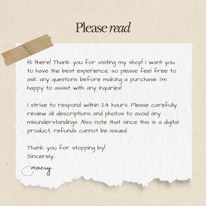 May include: A handwritten note on textured paper with the words "Please read" at the top. The note includes a message about customer service, product descriptions, and digital product refunds. A piece of tape is affixed to the top left.