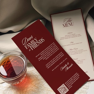 May include: A wedding invitation and menu card set with a burgundy color scheme. The invitation reads "Dear Family & Friends" and includes a QR code. The menu lists starters, soup, main course, and dessert options.