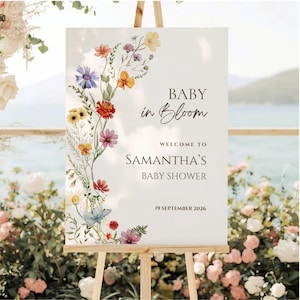Baby In Bloom Welcome Sign Template, Editable Wildflower Baby Shower Welcome Sign, Floral Baby Shower Sign, Instant Download
