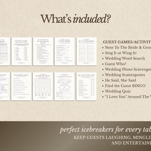 Pu&ograve; includere: Una raccolta di giochi e attivit&agrave; di matrimonio stampabili, tra cui bingo, cruciverba e quiz. Il testo "What's included?" &egrave; in alto, con "perfect icebreakers for every table" in basso. I giochi sono progettati per intrattenere gli ospiti.