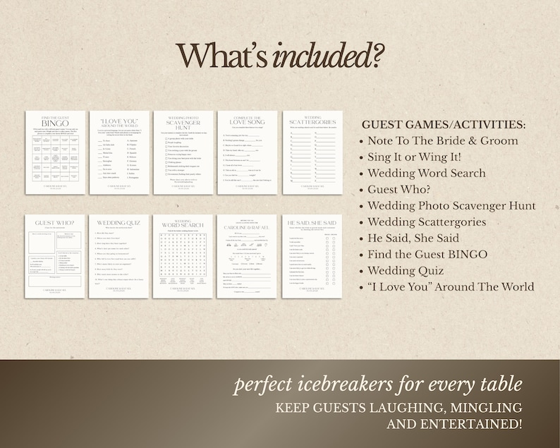 Pu&ograve; includere: Una raccolta di giochi e attivit&agrave; di matrimonio stampabili, tra cui bingo, cruciverba e quiz. Il testo "What's included?" &egrave; in alto, con "perfect icebreakers for every table" in basso. I giochi sono progettati per intrattenere gli ospiti.