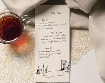 May include: A menu card with the title "The Menu" and a list of dishes, including starters, main courses, and desserts. The card is cream-colored with black text and illustrations. A glass of tea sits to the left.