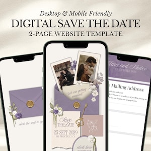 Peut inclure: Trois smartphones affichant un modèle de site web numérique de faire-part de mariage. Le design présente une enveloppe lavande avec un sceau doré, des motifs floraux et des photos. Le texte comprend "Digital Save the Date" et les détails du mariage.