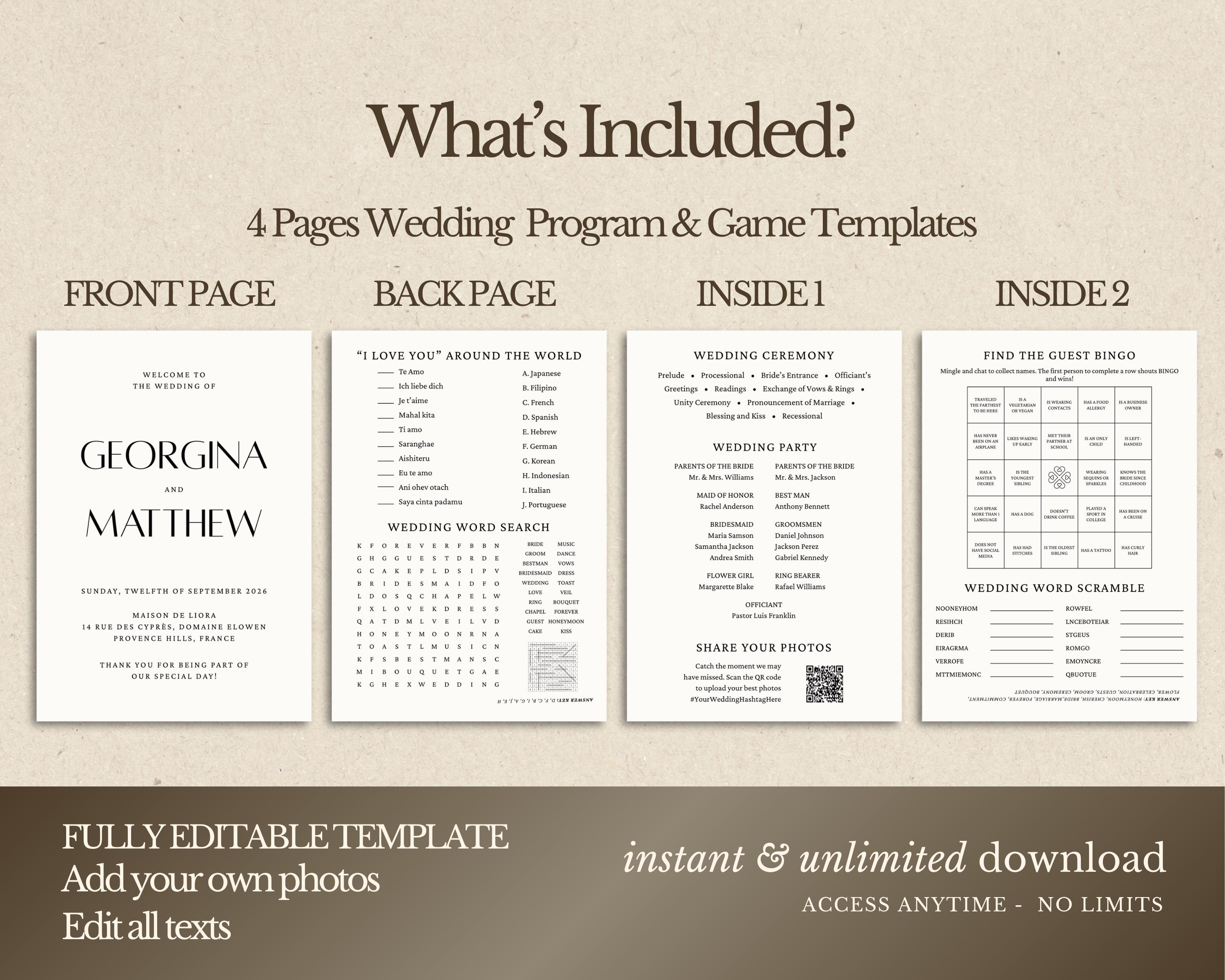 Guest Activity Program Wedding Table Games & Program, Editable Folded Minimalist Wedding ...