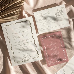 Beach Wedding Invitation Set Printable | Modern Coastal Wedding Invite Suite | Whimsical Destination Wedding Template | RSVP & Detail Card