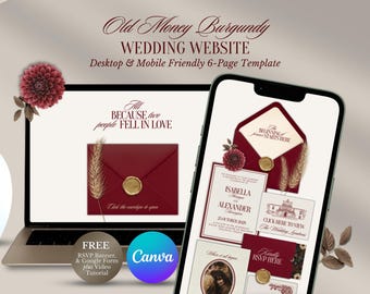 Deep Red Wedding Website Template, Elegant Burgundy Digital Invitation with RSVP, Old Money Invite, Canva Editable, Instant Download