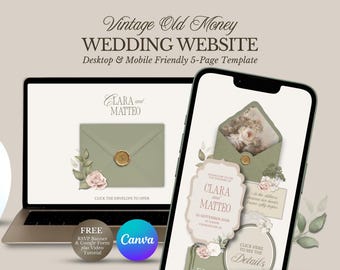 Light Sage Green and Antique Rose Pink Floral Wedding Website Template, Vintage Rose Canva Digital Invitation with RSVP