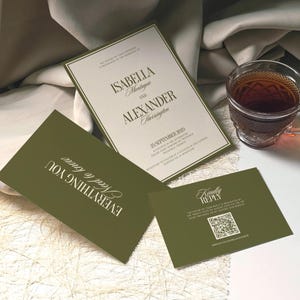 May include: A wedding invitation suite featuring a cream-colored card with dark text for Isabella Montague and Alexander Harrington, alongside two olive green cards. One green card reads "EVERYTHING YOU Need to know" and the other "KINDLY REPLY" with a QR code.