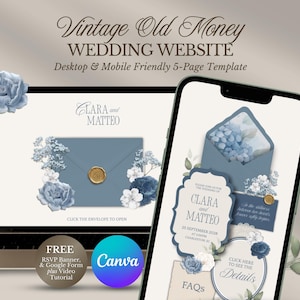 Dusty Blue Wedding Website Template, Vintage Old Money Digital Wedding Invitation with RSVP, Canva Editable, Custom, Instant Download