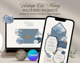 Dusty Blue Wedding Website Template, Vintage Old Money Digital Wedding Invitation with RSVP, Canva Editable, Custom, Instant Download
