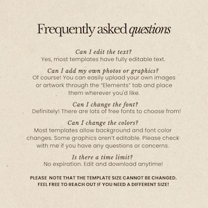May include: A beige-colored graphic with the title "Frequently asked questions" in a dark brown serif font. The text answers questions about editing text, adding photos, changing fonts and colors, and time limits for templates.