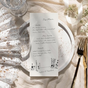 May include: A formal menu card with the title "The Menu" is displayed on a white plate. The menu lists starters, main courses, and desserts. The bottom of the card has a line drawing of wine bottles, candles, and glasses. The names "Sophia & Theodore" are printed at the bottom.
