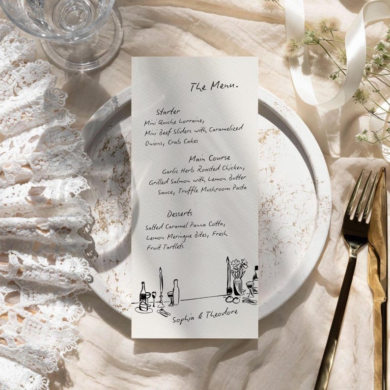 May include: A formal menu card with the title "The Menu" is displayed on a white plate. The menu lists starters, main courses, and desserts. The bottom of the card has a line drawing of wine bottles, candles, and glasses. The names "Sophia & Theodore" are printed at the bottom.