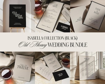 Black And White Old Money Wedding Stationery Bundle, Elegant Wedding Signs, Signature Cocktail Sign, Vintage Wedding Bar Menu Template, OM02