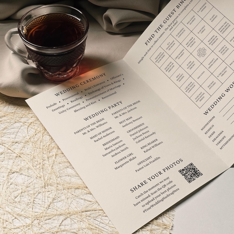 Guest Activity Program Wedding Table Games & Program, Editable Folded Minimalist Wedding ...