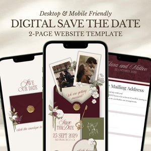 Burgundy Olive Green Save The Date Wedding Website, Old Money Floral Envelope Digital Invitation, Canva Editable Template, Instant Download