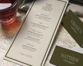 Timeless Old Money Wedding Menu Card Template, Elegant Menu And Place Card Set, Olive Green Dinner Menu and Thank You Card, Instant Download