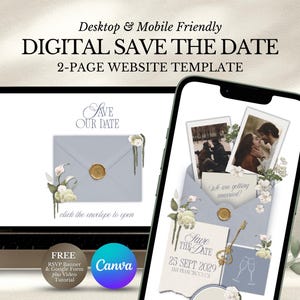 Könnte beinhalten: Ein digitales Save-the-Date-Template, das auf einem Laptop und Smartphone angezeigt wird. Das Design zeigt einen hellblauen Umschlag mit floralen Akzenten und einem goldenen Siegel. Das Telefon zeigt Fotos und Veranstaltungsdetails. Text enthält "Digital Save the Date".