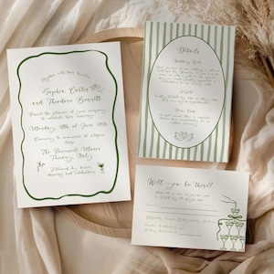Whimsical Wedding Invitation Template Suite | Hand-Drawn Romantic Italian-Style Details & RSVP Card Set | Handwritten Illustration Printable
