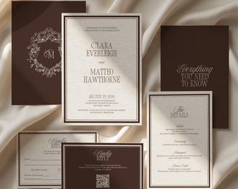 Espresso Brown Wedding Invitation Suite Template, Timeless Old Money Invite Set, Chocolate Brown Luxury Wedding Stationery, Canva Editable