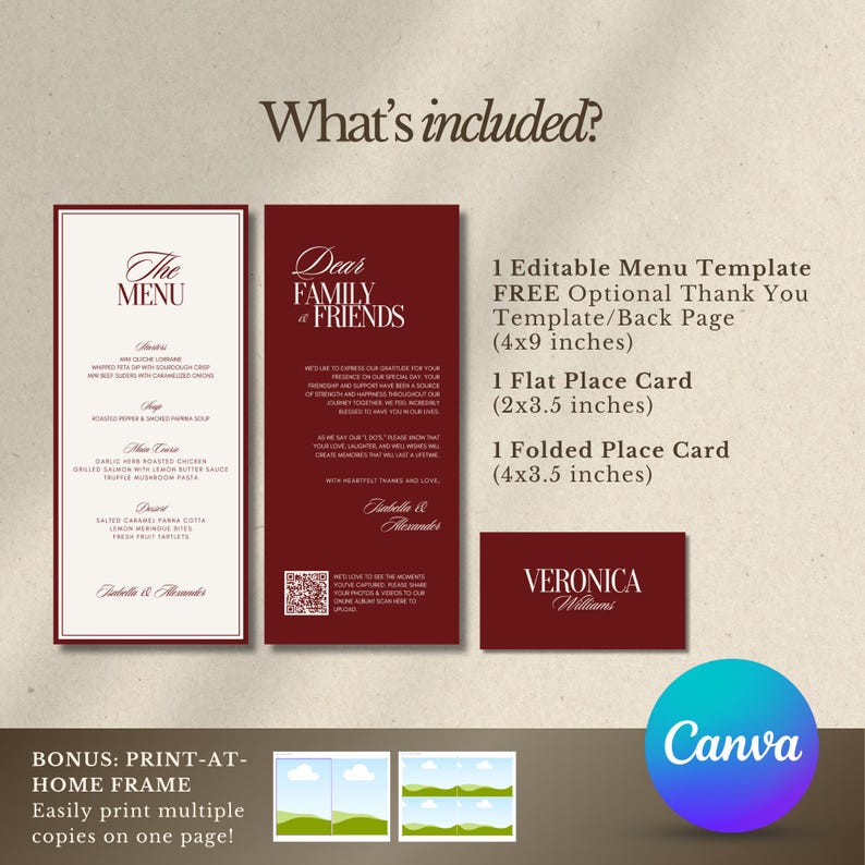 May include: A wedding stationery set featuring a menu, a thank you card, and place cards. The menu is white with burgundy text and a burgundy border. The thank you card and place cards are burgundy with white text. The Canva logo is in the bottom right.