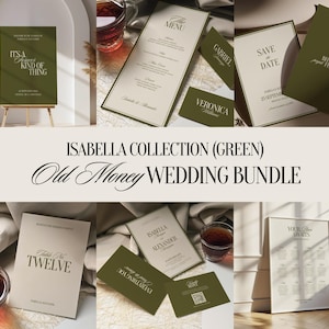 May include: A collection of wedding stationery in olive green and cream. Includes menus, save-the-date cards, table cards, and a seating chart. The text on the stationery includes phrases like "Save the Date" and "Because I fell in love."