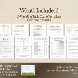 Pu&ograve; includere: Una collezione di dieci modelli di giochi da tavolo per matrimoni, ciascuno stampato su schede di 12,7 x 17,8 cm. I giochi includono Scattergories, Love Song e un quiz sul matrimonio. Il testo "What's Included?" &egrave; in alto. Il testo in basso dice "Print-at-Home Frame" e "fully editable template".