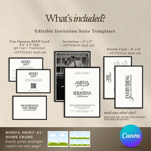 May include: An invitation suite template with various card sizes, including RSVP, invitation, and details cards. The design features elegant typography and a classic black and white color scheme. The text includes "Amelia & Sebastian" and "Everything You Need to Know."