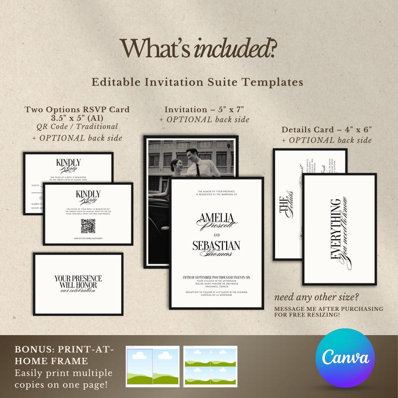 May include: An invitation suite template with various card sizes, including RSVP, invitation, and details cards. The design features elegant typography and a classic black and white color scheme. The text includes "Amelia & Sebastian" and "Everything You Need to Know."