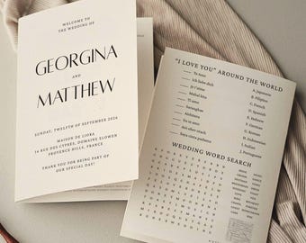 Wedding Table Games & Program, Editable Folded Minimalist Wedding Reception Activities, Find The Guest Bingo, Ice Breaker Games, Printable