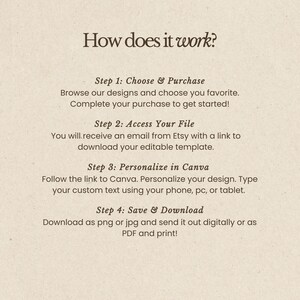 May include: A beige graphic with the text "How does it work?" and instructions for purchasing, accessing, personalizing, and downloading a design. The steps include choosing a design, accessing the file, personalizing in Canva, and saving the design.