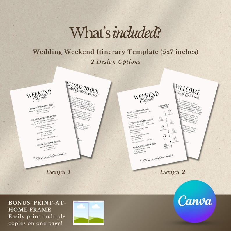 Może przedstawiać: Szablon planu weekendu weselnego, 12,7 x 17,8 cm, z dwiema opcjami projektu. Szablon zawiera tekst &bdquo;What's included?&rdquo; i &bdquo;Weekend Events&rdquo;. Logo Canva jest widoczne w prawym dolnym rogu.