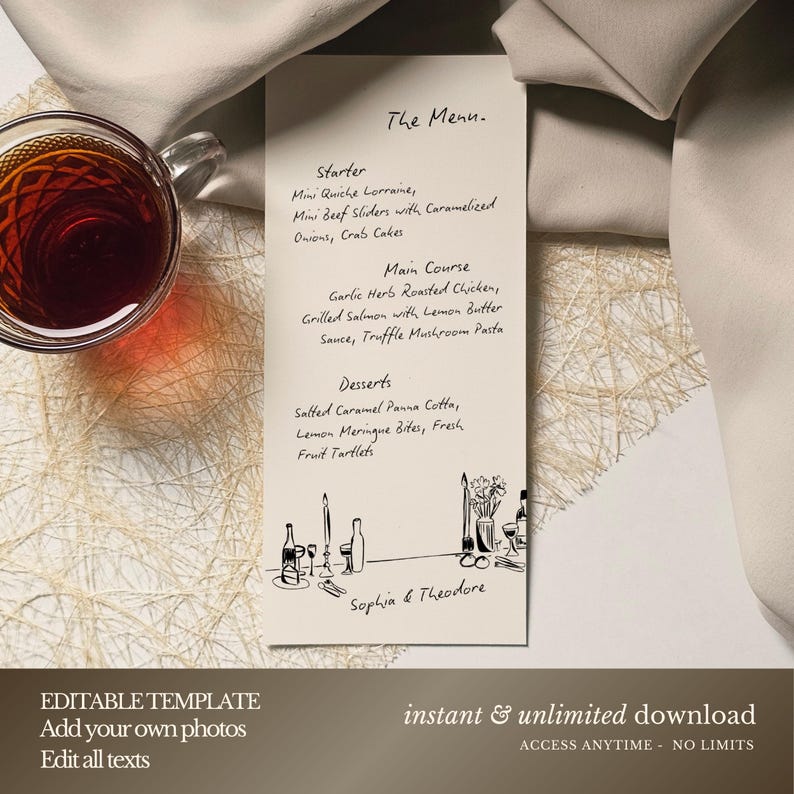 May include: A menu card with handwritten text, featuring starters, main courses, and desserts. The menu includes dishes like mini quiche, roasted chicken, and panna cotta. The card is decorated with line art of wine bottles and glasses. A cup of tea sits to the left.
