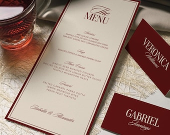 Modello di menu per matrimonio in stile Old Money, elegante set di menu e segnaposto, menu per cena rosso e biglietto di ringraziamento, download immediato, stampabile OM02