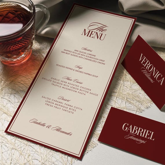 Old Money Wedding Menu Card Template, Elegant Menu And Place Card Set, Red Dinner Menu and Thank You Card, Instant Download, Printable OM02